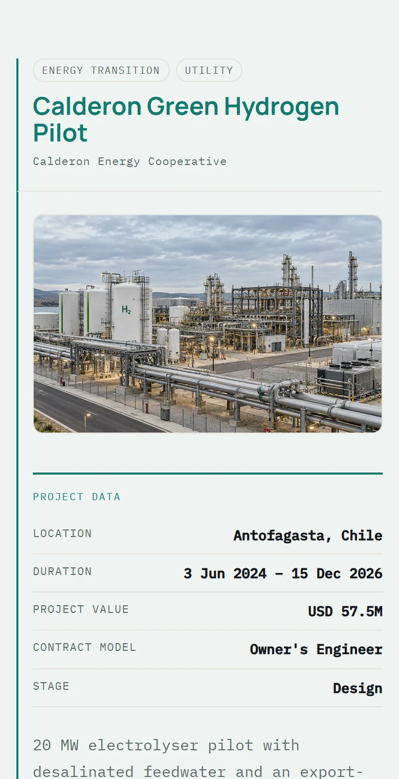 The same Podiyem presentation opened on a phone, showing a hydrogen plant project with its photograph and key data