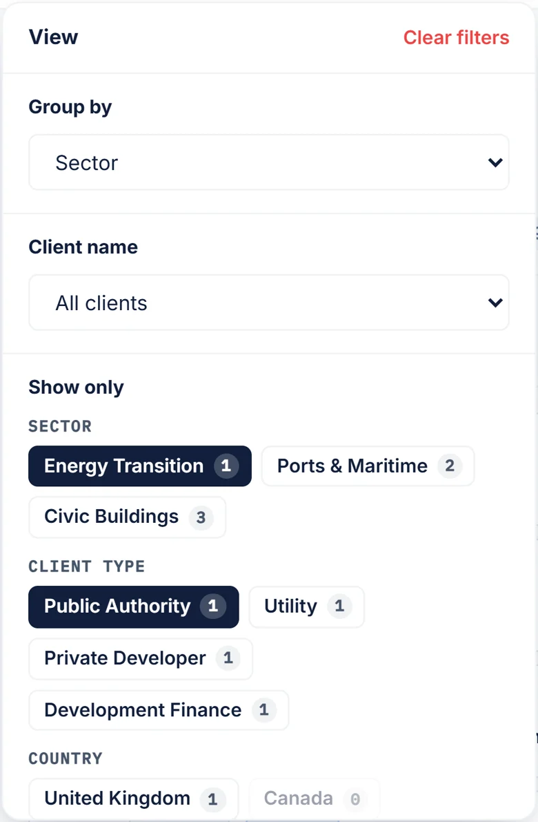 The pitch builder's View panel: group the library by sector, then filter by sector and client type—here Energy Transition and Public Authority are selected