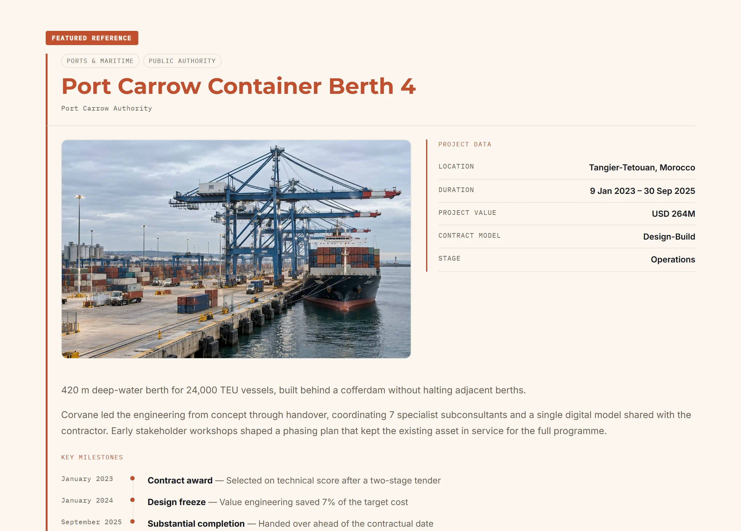 A project slide in Podiyem: a container berth with its photograph, key data and milestones